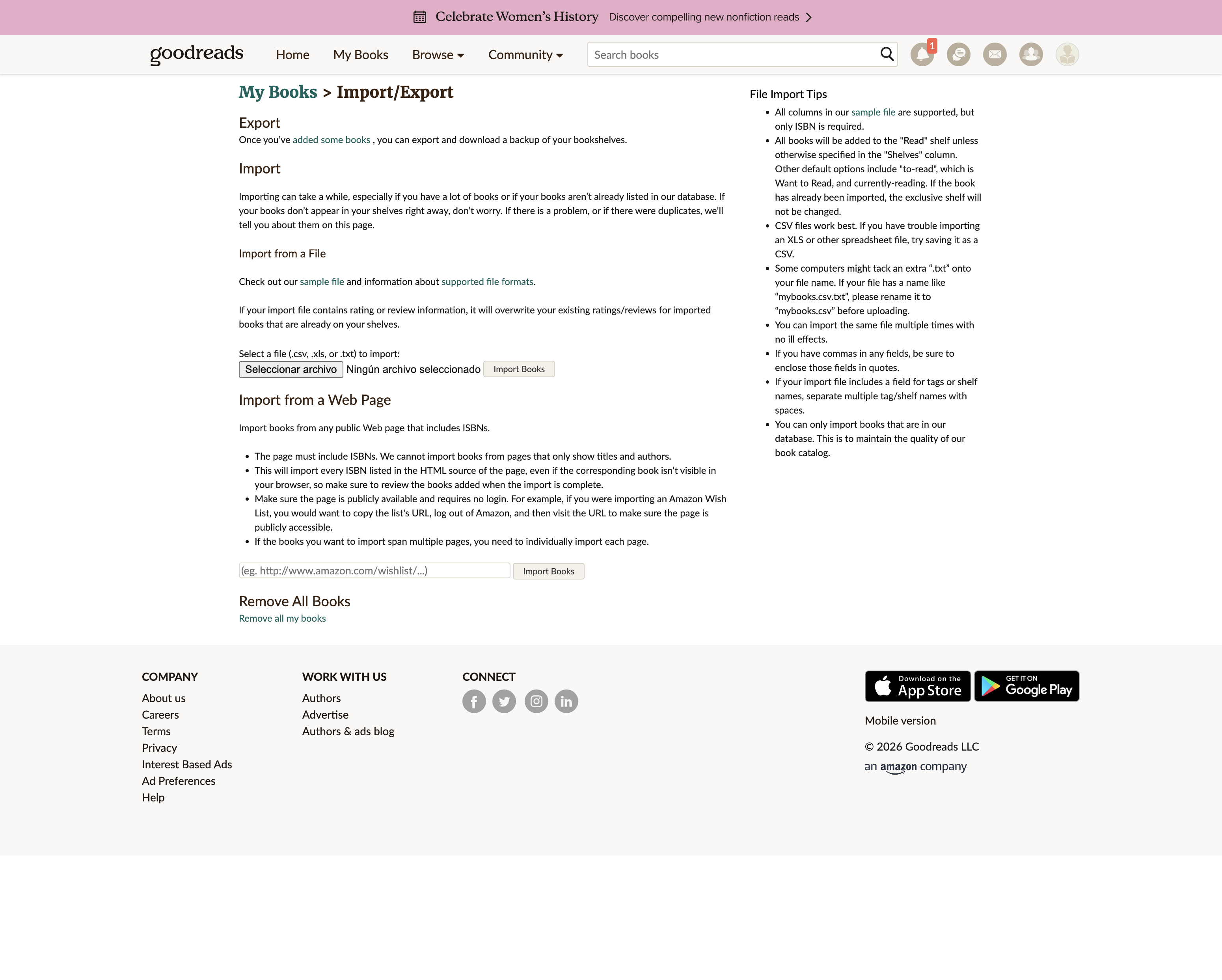 Goodreads Import/Export page showing the Export section at the top