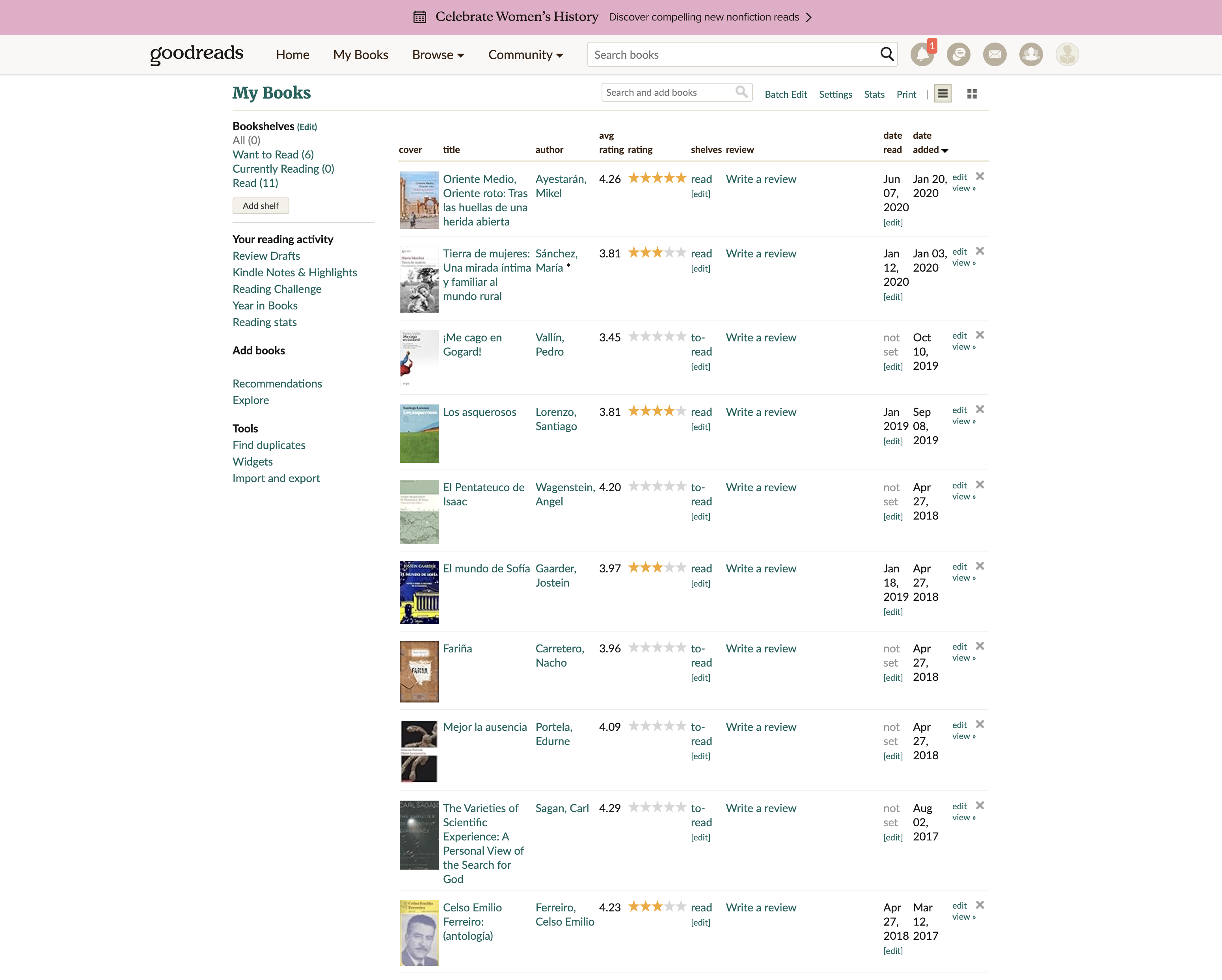 Goodreads My Books page showing the Import and export link under the Tools section in the left sidebar