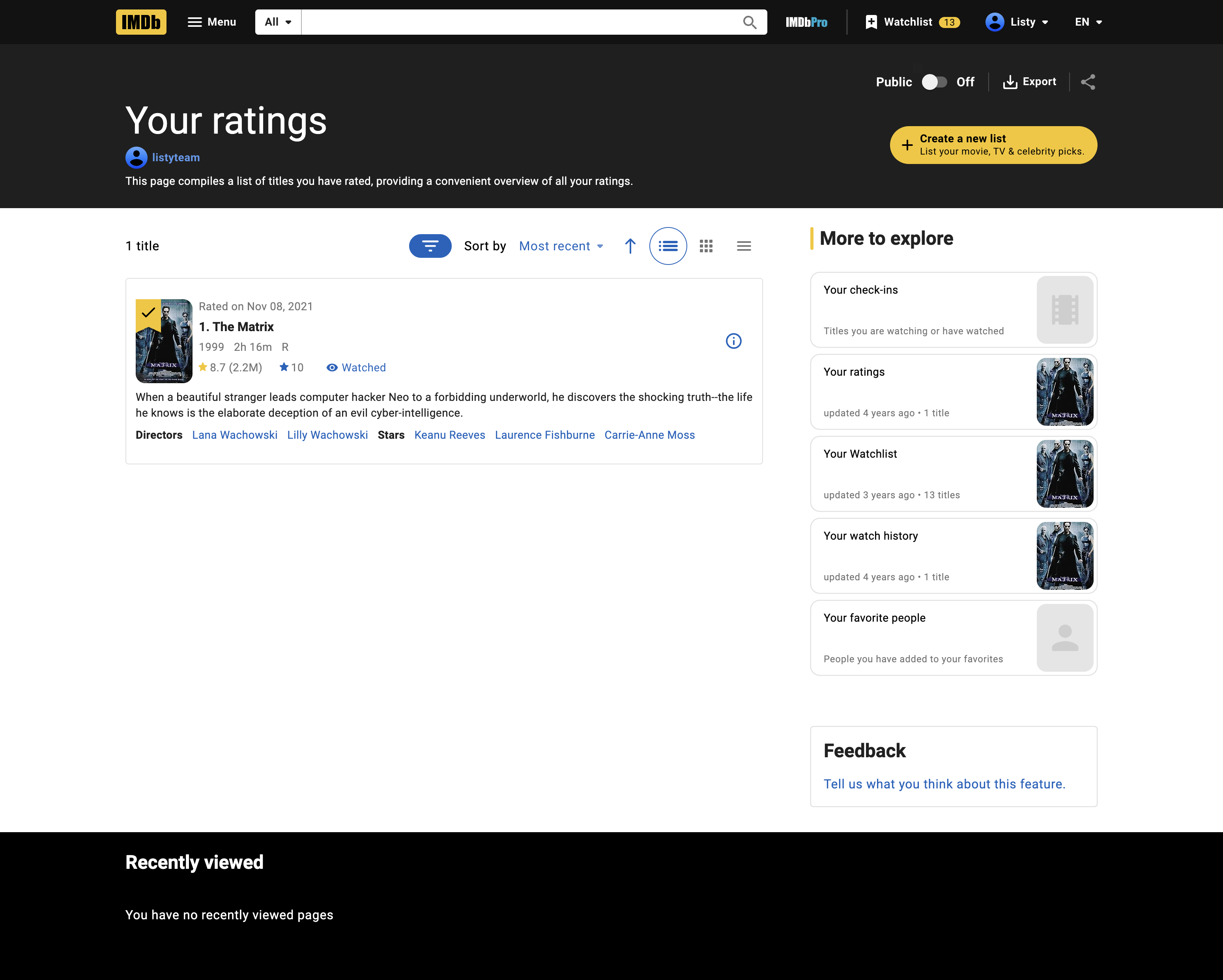 IMDb Ratings page showing the Export button at the top right
