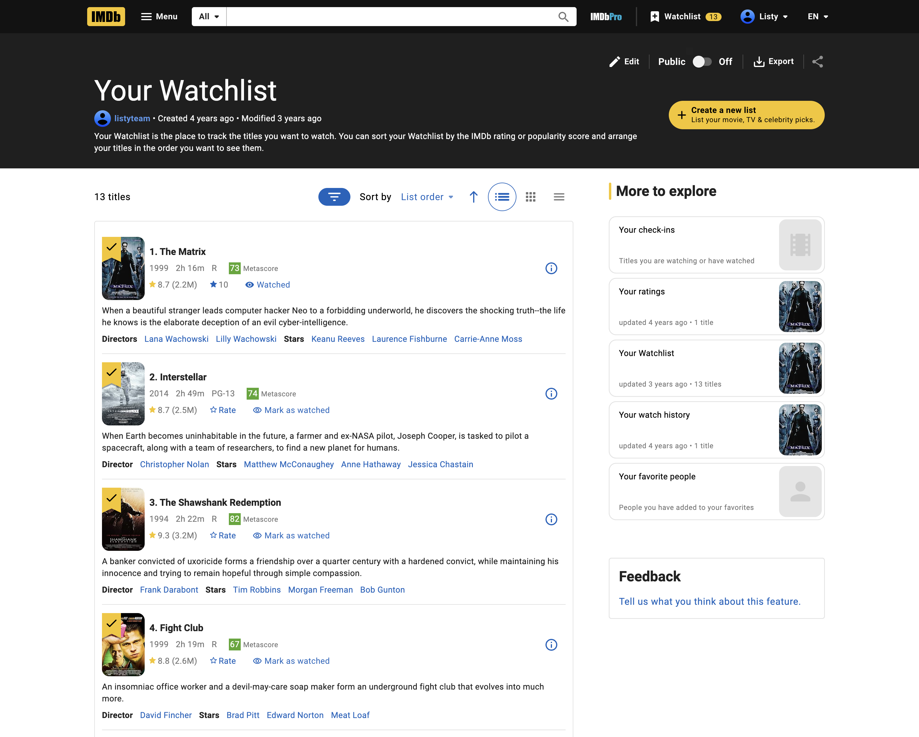 IMDb Watchlist page showing the Export button at the top right