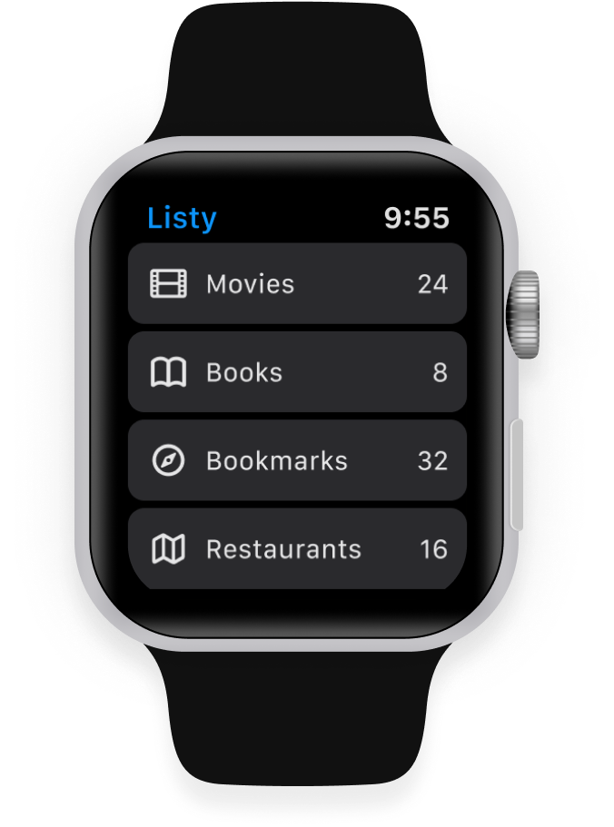 Apple Watch with a preview of Listy app